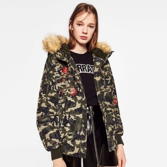 Zara Camo Jacket Green Floral‎ Embroidered Quilted Bomber with Hood - Picture 1 of 16